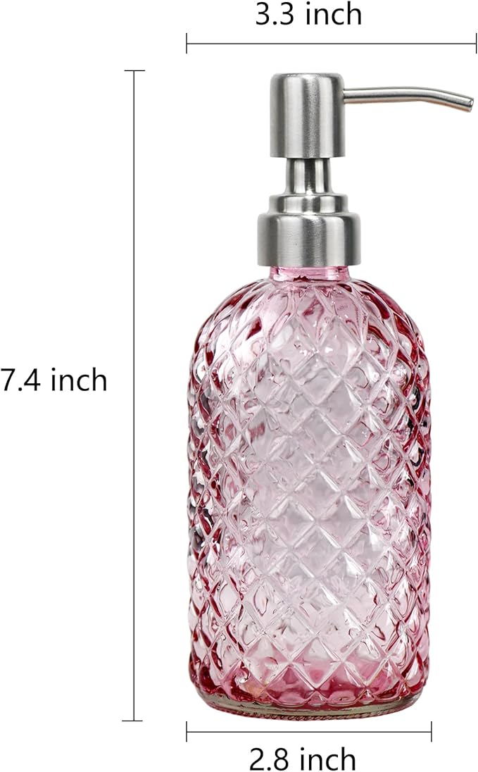 16 oz Soap Dispenser with 304 Rustproof Stainless Steel Pump, Kitchen, Bathroom Refillable Glass Liquid Soap Dispenser for Hand Soap, Soap, Lotion. (Pink-2pack) - Image 3