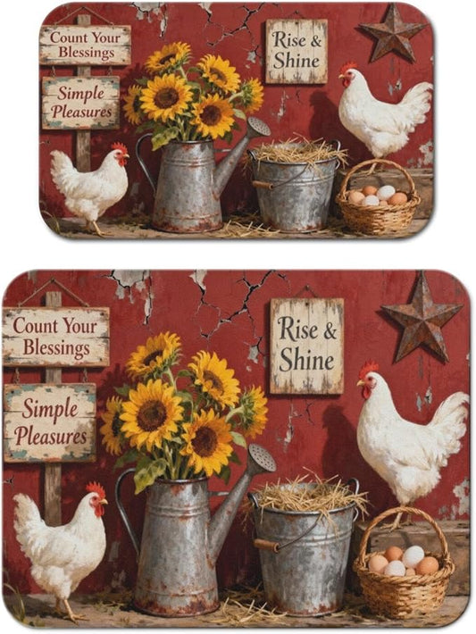 Dish Drying Mat for Kitchen Counter 2 Pack with Non-Slip Rubber Backing - Heat-Resistant Absorbent Coffee Bar Mat, Dish Rack Mat, Rooster Dish Drying Mats 18x24+19.5x12 inch