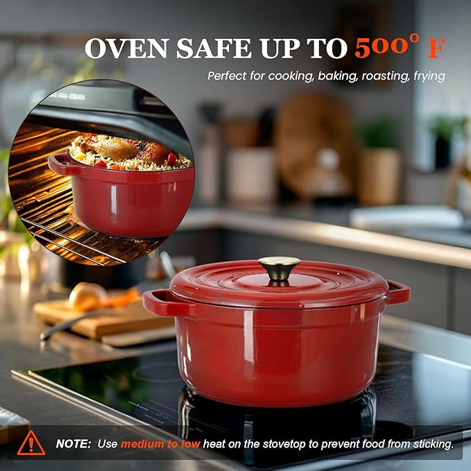 Overmont Enameled Cast Iron Dutch Oven - 5QT Pot with Lid Cookbook & Cotton Potholders - Heavy-Duty Cookware for Braising, Stews, Roasting, Sourdough Baking red - Image 8