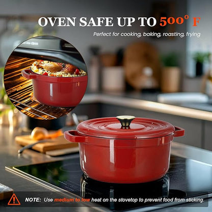 Overmont Enameled Cast Iron Dutch Oven - 5QT Pot with Lid Cookbook & Cotton Potholders - Heavy-Duty Cookware for Braising, Stews, Roasting, Sourdough Baking red - Image 8