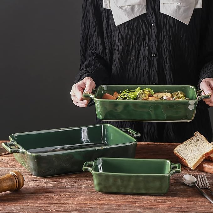 VICRAYS Ceramic Bakeware Set, Porcelain Rectangular Baking Dish, Baking Pan Lasagna Pans Casserole Dish Set for Cooking, Kitchen, Cake Dinner, Banquet and Daily Use, 3 PCS, 15 x 8.5 Inches(Green) - Image 3