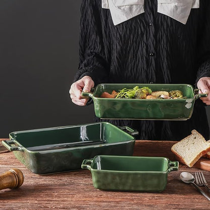 VICRAYS Ceramic Bakeware Set, Porcelain Rectangular Baking Dish, Baking Pan Lasagna Pans Casserole Dish Set for Cooking, Kitchen, Cake Dinner, Banquet and Daily Use, 3 PCS, 15 x 8.5 Inches(Green) - Image 3