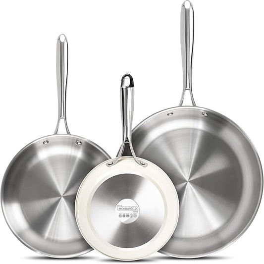 MICHELANGELO Stainless Steel Frying Pan Set, 8" 9.5" 11" Induction Pan, Triply Base Cooking Pans with Ergonomic Handle, for All Stove - Beige