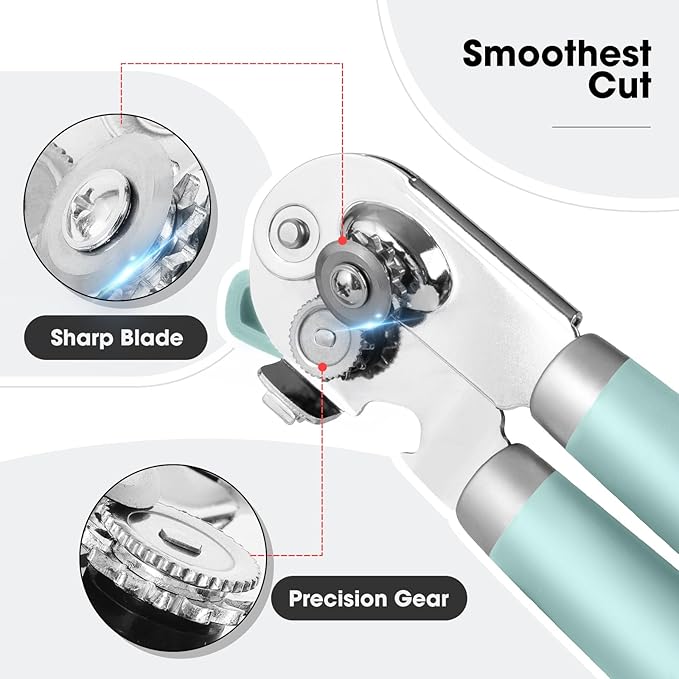 Beneno Heavy Duty Hand Can Opener Manual with Magnet, Durable Sharp Carbon Steel Blade Smooth Cutting, Big Effort-Saving Knob & Soft Grip Handle, Multifunctional Kitchen Tool with Bottle Opener, Mint - Image 3