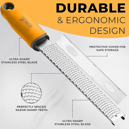 Orblue Lemon Zester & Cheese Grater - Premium Citrus Zester, Kitchen Grater for Parmesan, Chocolate, Fruits, Vegetables, Ginger, Garlic, Nutmeg - Stainless Steel Blades with Protective Cover, Orange - Image 4