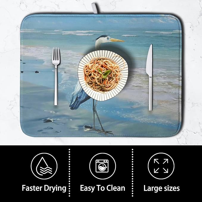 Summer Blue Dish Drying Mat for Kitchen Counter 18x24 Inch Heron Coastal Beach Drying Mats Nautical Ocean Bird Dishes Drainer Mats Microfiber Absorbent Dish Rack Pad - Image 4