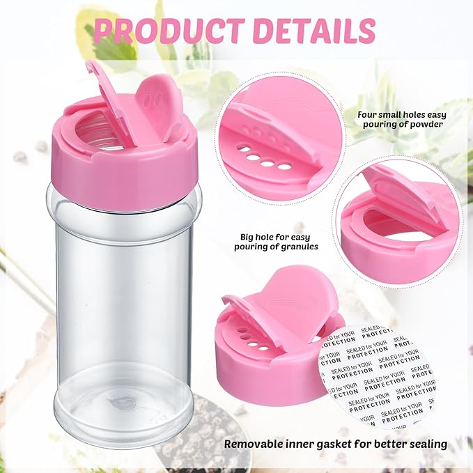 Eccliy 36 Pack 3 oz Clear Plastic Spice Jars with Label and Shaker Lids Empty Spice Bottles Seasoning Containers Seasoning Jars Shaker Condiment Pots for Pepper Herbs Powders (Pink) - Image 3