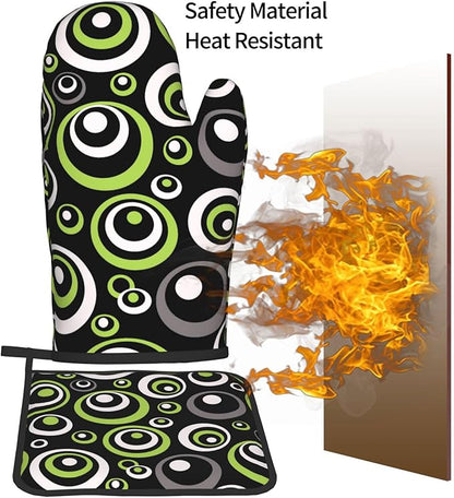 Black Green Retro - Geometric Oven Mitts and Pot Holders Set of 3, Non-Slip Heat Resistant Green and Black White Circle Pattern Kitchen Gloves for Cooking Baking Grilling, Gift for Women, Home Decor