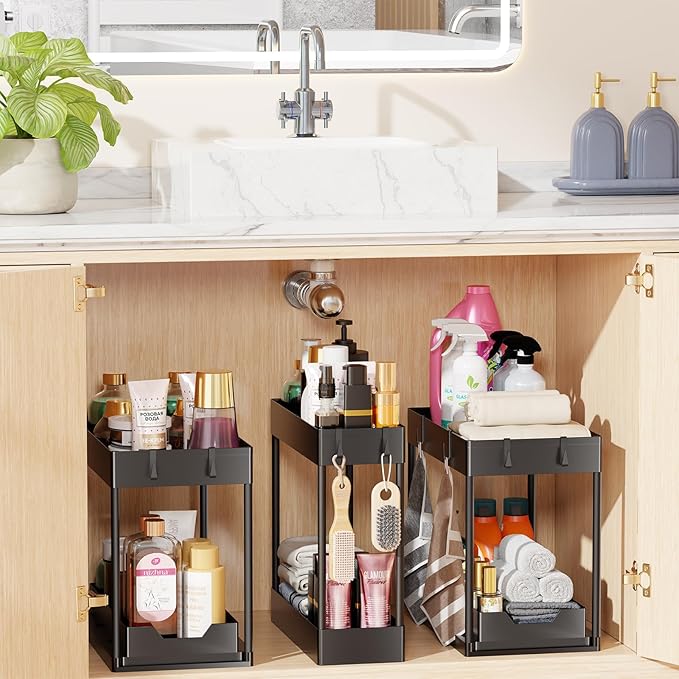 Simple Trending 3 Pack Under Sink Organizer, Pull-Out Cabinet Organizer Drawer, 2 Tier Multi-Purpose Slide Out Storage Shelf for Kitchen Bathroom, Black - Image 6