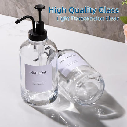 Glass Soap Dispenser with Pump, Dish and Hand Soap Dispenser for Kitchen Bathroom Set, Clear Glass Dispenser Set of 2 Pack with 18 Stickers Funnel Bamboo Tray 500ml 18oz / Each Bottle Sliver Pump - Image 7