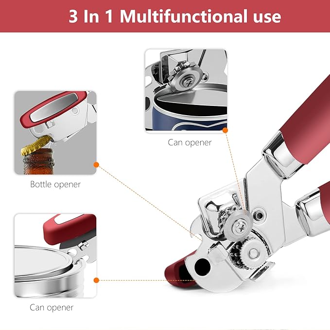 Can Opener,Professional 3-In-1 Multifunctional Manual Can Openers Bottle Opener,Kitchen Durable Stainless Steel Heavy Duty Can Opener Smooth Edge for Kitchen Seniors Friendly - Image 3