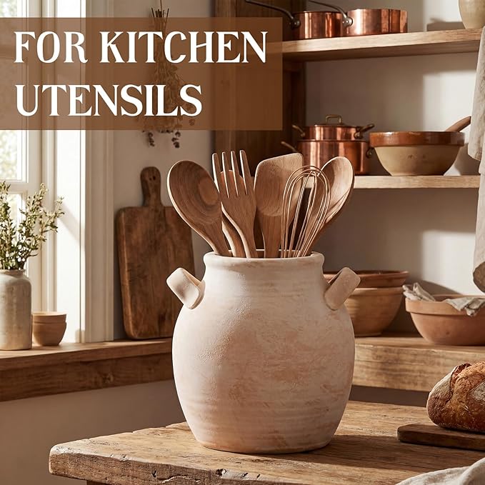 Havawish Rustic Kitchen Utensil Holder for Countertop - Farmhouse Ceramic Utensil Crock with Handle for Spatulas Vintage Kitchen Utensils Holder Cooking Organizer, Fit Ladle, Eggbeater (Rustic Beige)