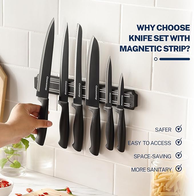 Gourmetop Kitchen Knife Set with No Drilling Magnetic Strip for Kitchen Black Titanium Small Cooking Knives, Sharp Stainless Steel Chef Knife Set for Cutting Meat & Vegetable - Image 2