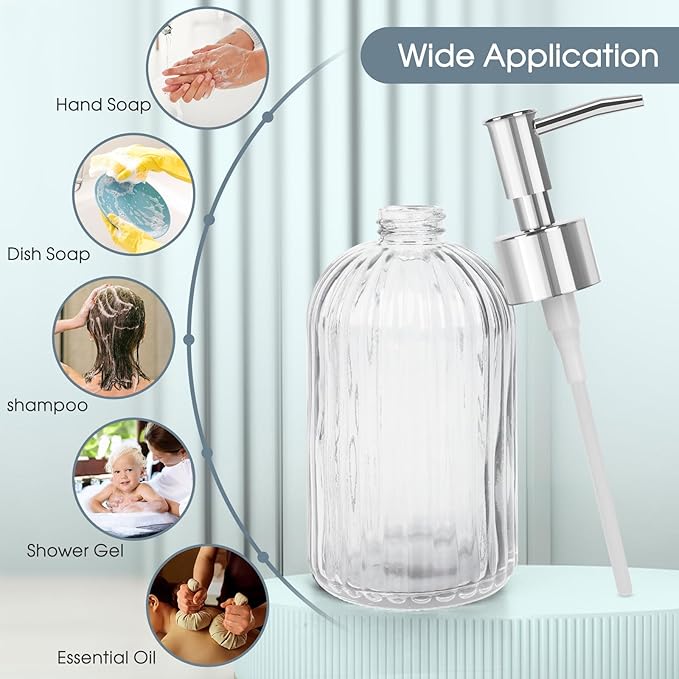 Topsky Stripe Glass Soap Dispenser with Plastic Pump, 400ml Liquid Hand Soap Dispenser, Rustproof Pump for Kitchen & Bathroom, Great for Lotions, Essential Oil, Liquid Soaps,Transparent - Image 7