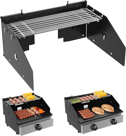 Universal Wind Guard and Warming Rack Fit for Griddle Without a Hood from 16" to 22", Wind Screen and Cooking Grid BBQ Griddle Accessories for Blackstone and Other Griddle with Rear Grease