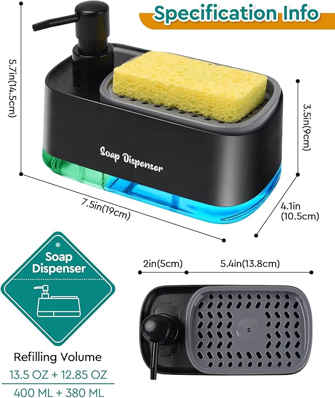 Kitchen Dish Soap Dispenser Set，Dish and Hand Soap Dispenser with Sponge Holder, 3-in-1 Countertop Sponge Dual Soap Pump Dispenser for Kitchen Sink - Black - Image 6