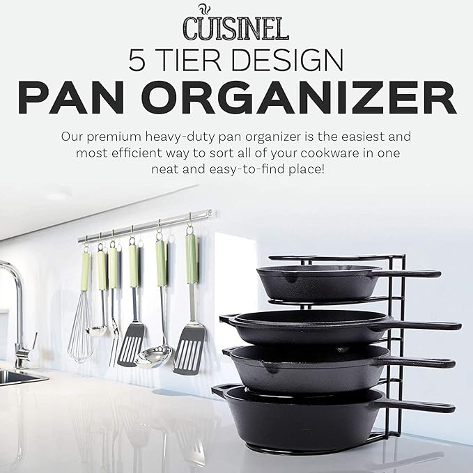 Cuisinel Heavy Duty Pots and Pans Organizer Rack - 12.2"-Inch Tall - 5 Tier Rack - Holds 50 LB - Cast Iron Skillets, Griddles, Shallow Cookware - Space Saving Kitchen Storage - No Assembly Required - Image 4