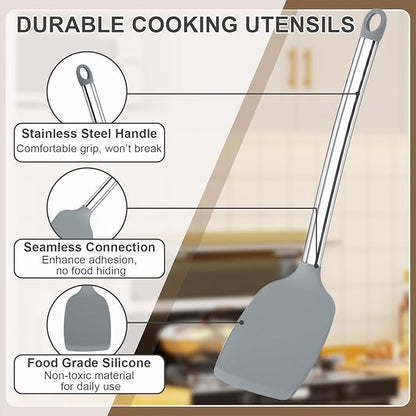 Vayvnt 4 PCS Cooking Utensils Set, Silicone Kitchen Spatula Set for Cooking, Non Toxic Silicone Kitchen Utensils with Stainless Steel Handle, Spoon and Turner, Heat Resistant&Dishwasher Safe, Gray