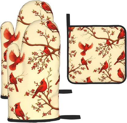 Red Cardinal Oven Mitts and Pot Holders Sets of 3, Non-Slip Christmas Heat Resistant Kitchen Gloves Hot Pad, Cardinal Gifts for Women, Rustic Christmas Kitchen Decor, Baking Cooking Grilling Gifts by Unknown