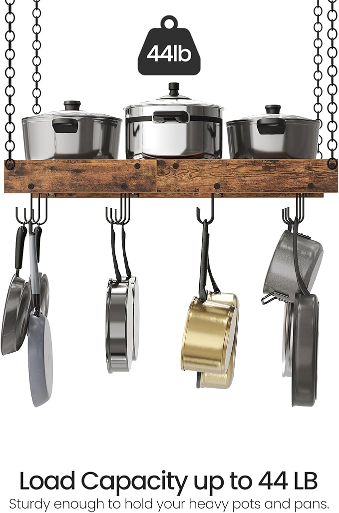 CHOEZON Hanging Pot Rack, Vintage Pot Hangers for Kitchen, Ceiling Mounted Pot Rack, Pot and Pan Hanging Rack with 12 S-Shaped Hooks, for Cookware Storage, Rustic Brown and Black TPR01BF - Image 3