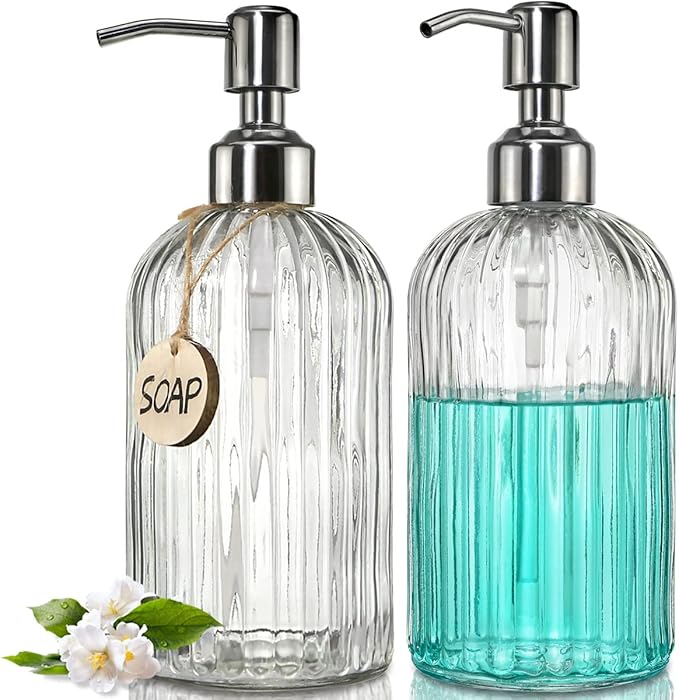 JASAI 2PACK 18 Oz Glass Soap Dispenser with Rust Proof Stainless Steel Pump, Refillable Hand Soap Dispenser with Vertical Stripe, Premium Bathroom soap Dispenser for Kitchen & Bathroom by JASAIHOME