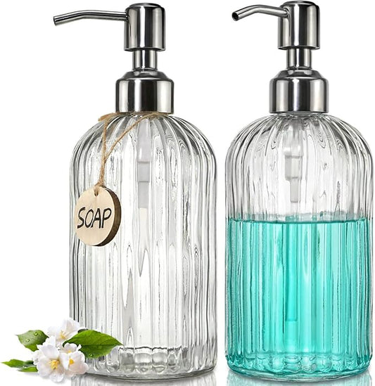 JASAI 2PACK 18 Oz Glass Soap Dispenser with Rust Proof Stainless Steel Pump, Refillable Hand Soap Dispenser with Vertical Stripe, Premium Bathroom soap Dispenser for Kitchen & Bathroom by JASAIHOME