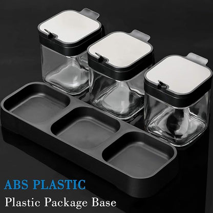 Mlici Condiment Jar Spice Container with Lids and Spoons, 8.6oz Clear Glass Condiment Canisters Pots Seasoning Box Salt Container Sugar Bowl Set of 3 for Kitchen, Containers, Black - Image 2