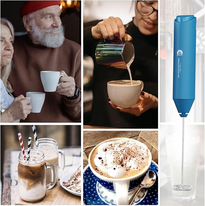 England Stories Electric Milk Frother Handheld, Battery Operated Whisk Beater Foam Maker for Coffee, Cappuccino, Latte, Matcha, Hot Chocolate, Mini Drink Mixer, No Stand, Metal Blue - Image 5
