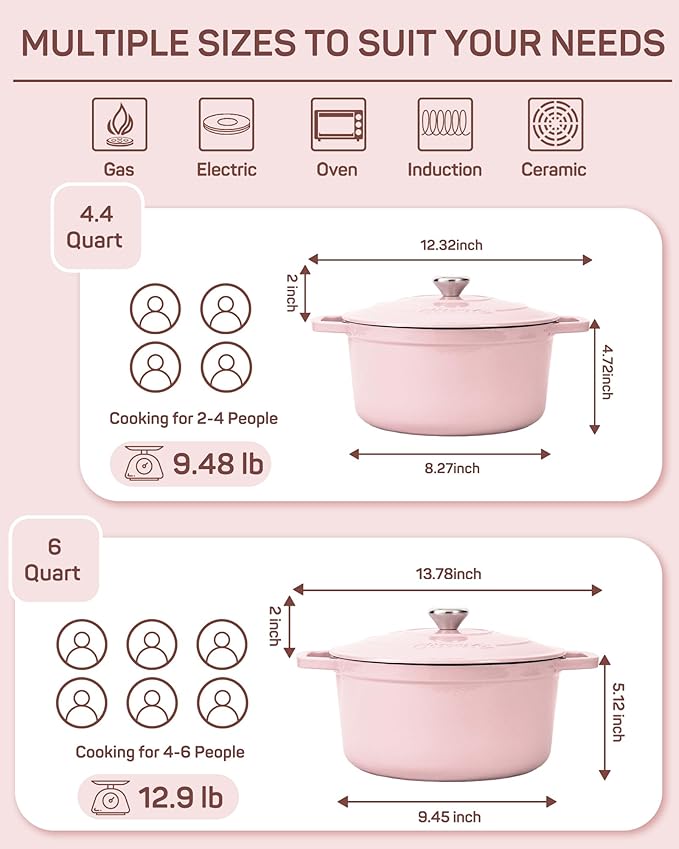 Ciwete Enameled Cast Iron Dutch Oven – 4.4 Quart Pot with Lid & Potholders – Heavy-Duty Cookware for Bread Baking, Braising, Stews & Roasting – Oven & Stovetop Safe up to 500°F – Pink