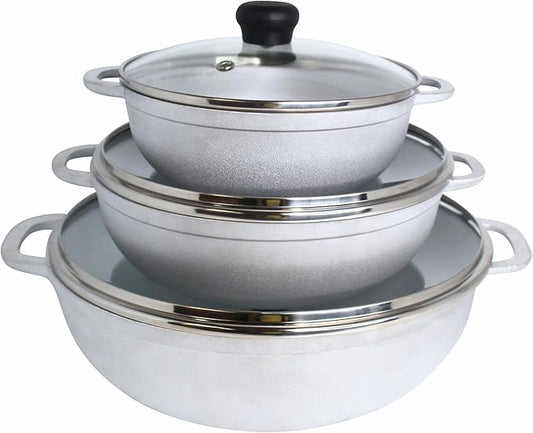 IMUSA Caldero Stock Pot with Glass Lid 3pc Set, 1.5/2.5/5.2qt, Cast Aluminum, Perfect for Serving Medium & Small Groups, Riveted Handles, Made in Colombia, Silver.