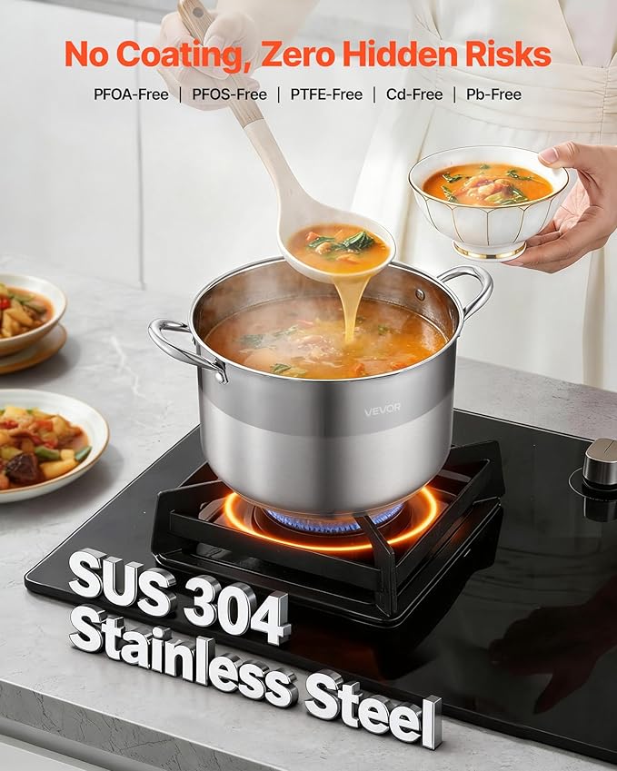 VEVOR Stainless Steel Stock Pot, 12QT Stainless Steel Stockpot with Glass Lid, PFOA-Free, PFAS-Free, Compatible with Gas Stoves, Induction Cooktops, Electric Stoves, for Soups, Stews, and Pasta - Image 2