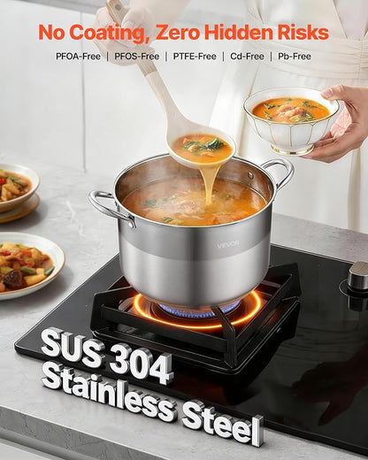 VEVOR Stainless Steel Stock Pot, 12QT Stainless Steel Stockpot with Glass Lid, PFOA-Free, PFAS-Free, Compatible with Gas Stoves, Induction Cooktops, Electric Stoves, for Soups, Stews, and Pasta - Image 2