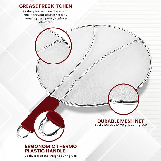 13" Grease Splatter Screen for Cooking | Stainless Steel Oil Splatter Guard and Ultra-Fine Mesh Protects Skin from Burns | TPR Tight-Grip Handle (Red) - Image 4