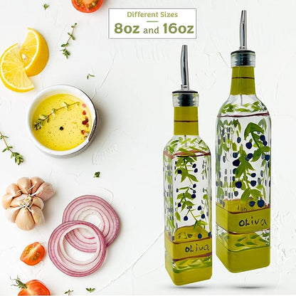 Hand Painted Glass Oliva Branch Oil/Vinegar Glass Cruet for Kitchen, 8 oz Olive Oil Dispenser With Stainless Steel Spout for Easy Pouring