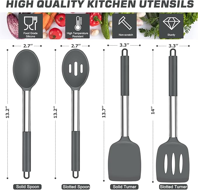 TeamFar Kitchen Utensils, 4PCS Heat-proof Silicone Cooking Utensils Set Slotted Spatula Solid Turner Spoon with Stainless Steel Handle, for Non-stick Cookware Flipping, Frying, Draining – Gray - Image 2