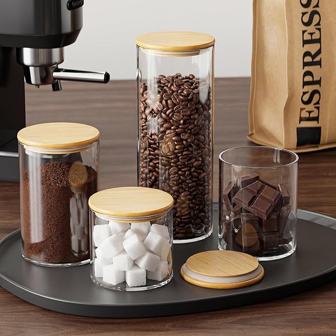 OneDream Glass Container - 5 Pack MultiSize Glass Jars with Bamboo Lid, Bamboo Lid Storage Jar Canister for Coffee Beans, Cereal, Pasta, Flour, Tea, Nuts, Candy, Salts and More - Image 7