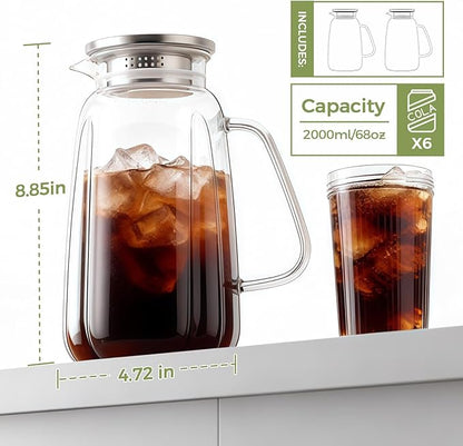 2 Pack Glass Pitcher with Lid and Handle for Fridge, Iced Tea and Coffee Carafe Beverage Serveware, 2 Liters/68 oz Heat Resistant Borosilicate Water Jug for Hot/Cold Drinks