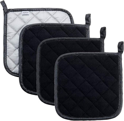 Joyhalo 4 Pack Pot Holders - Heat Resistant Oven Hot Pads, Terry Cloth, Black by Joyhalo