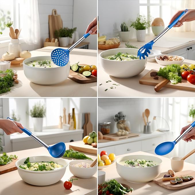 Silicone Kitchen Utensils Set - Culinary Couture 6-Pieces Blue Silicone Cooking Utensils Set for Nonstick Cookware - Stainless Steel Handle
