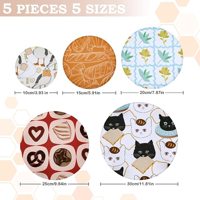 5-Size Reusable Beeswax Bowl Covers for Bread Proofing, Cotton Cloth Flexible Beeswax Wraps for Food Storage(Toast Cat) - Image 2