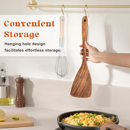 Wooden Spatula for Cooking, Acacia Wood Flat Frying Spatulas, Long Handle Spatula Turner for Non Stick Pans, Non-Scratch, Wooden Kitchen Utensils for Cooking, Frying, Baking - Image 5