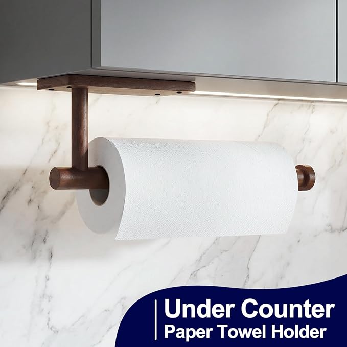 Wooden Paper Towel Holder for Kitchen,Adhesive Acacia Wood Paper Towel Holders Under Cabinet, Wall Mount Kitchen Paper Storage Essentials,Suitable for Kitchen,Bathroom Paper Storage