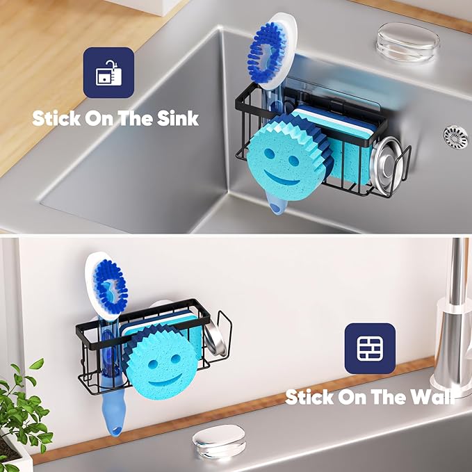 MURLONG Sponge Holder for Kitchen Sink,Sink Caddy Smiley Face,4-in-1 Sponge Holder with Suction Cups & 1 PCS Adhesive Strips for Holding Soap,Brush,Scrubber,Sponge,Stopper-Black - Image 6