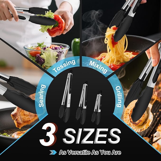 Kitchen Tongs with Silicone Tips - Heat Resistant 600°F Stainless Steel Cooking Tong Set, Non-Stick 7" 9" 12" Locking Silicone Tongs for Cooking, Grilling, Serving & Baking (3-Piece, Black) - Image 6