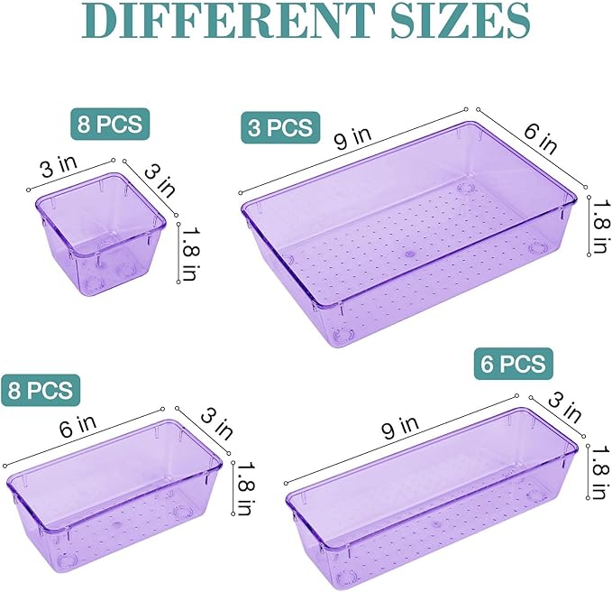 StorMiracle 25 PCS Drawer Organizer Set, 4 Varied Size Bathroom and kitchen Drawer cabinet organizer Trays, Clear Storage Bins for Makeup, Jewelry, Utensils and Gadgets， Purple - Image 2