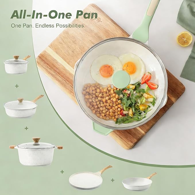 SENSARTE Nonstick Ceramic Skillet with Lid 12-inch/5QT, Non Toxic Deep Frying Pan, Saute Pan with Lid, Stay-cool Handle, Healthy Cooking Pot Dishwasher Safe, Induction Compatible, Green - Image 4