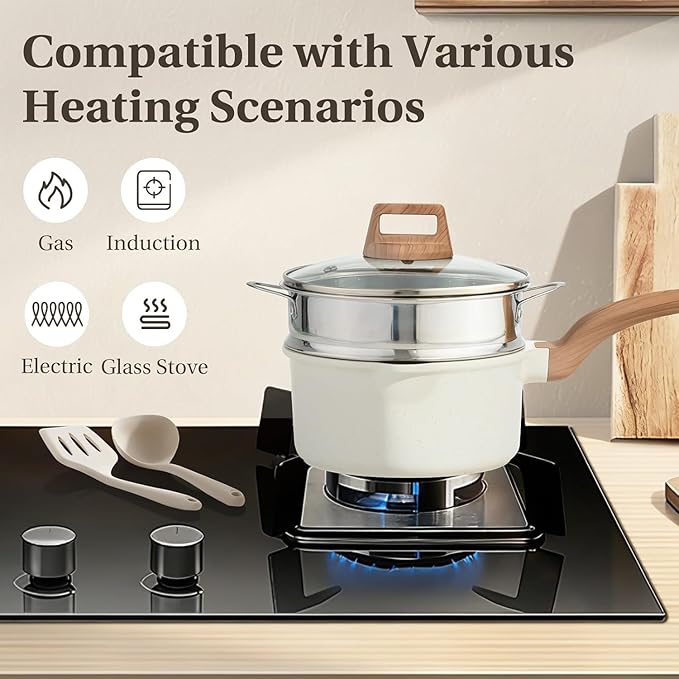 25 Pcs Pots and Pans Set, Nonstick & Non-Toxic Healthy Pots and Pans, Heat-Resistant Handles, Induction Cookware Sets with Frying Pans, White