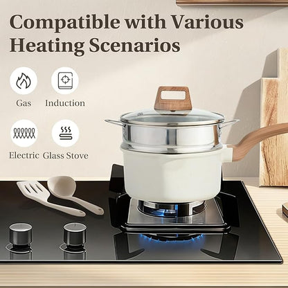 25 Pcs Pots and Pans Set, Nonstick & Non-Toxic Healthy Pots and Pans, Heat-Resistant Handles, Induction Cookware Sets with Frying Pans, White