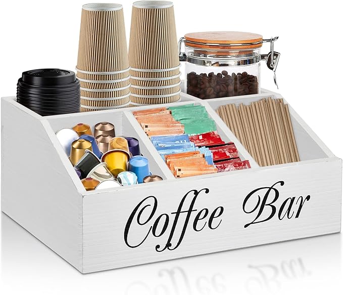ugiftt Coffee Station Organizer for Counter, Wood Coffee Pods Holder Storage Basket, Tea Condiment Storage Organizer, Rustic Wood Bar Decor for Accessories by ugiftt