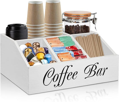ugiftt Coffee Station Organizer for Counter, Wood Coffee Pods Holder Storage Basket, Tea Condiment Storage Organizer, Rustic Wood Bar Decor for Accessories by ugiftt